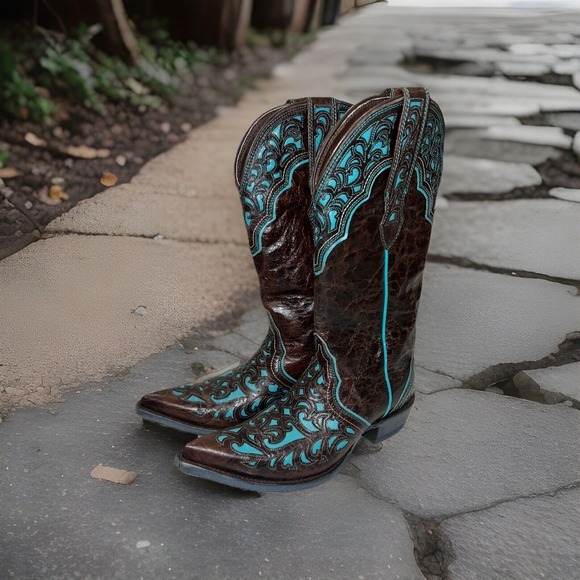 Ariat Brown Leather Turquoise Fancy Dress Cowboy Boots 8B Rockabilly Rodeo*
